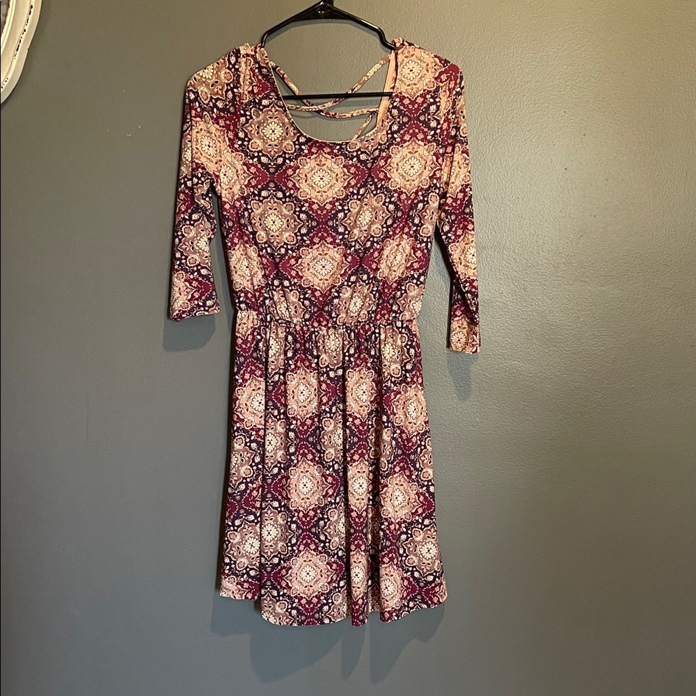 French Grey 3/4 Sleeve Dress in Purple and Cream